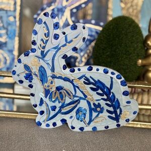 Hand-Painted Blue and Gold Bunny Decor